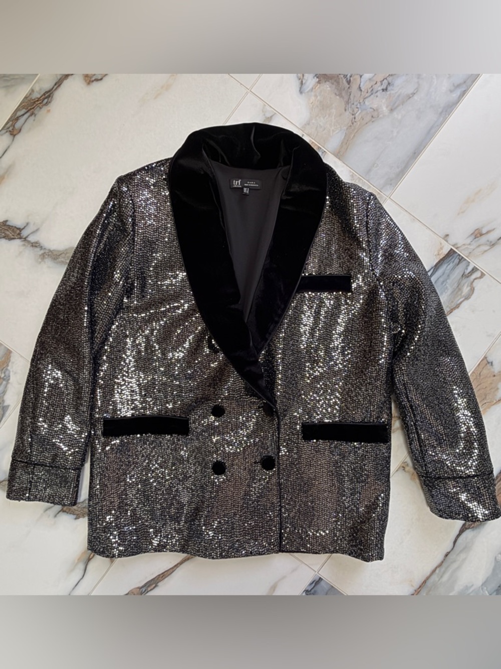 ZARA TRF Sequin Blazer Velvet Collar Black Silver Party Jacket Size M
